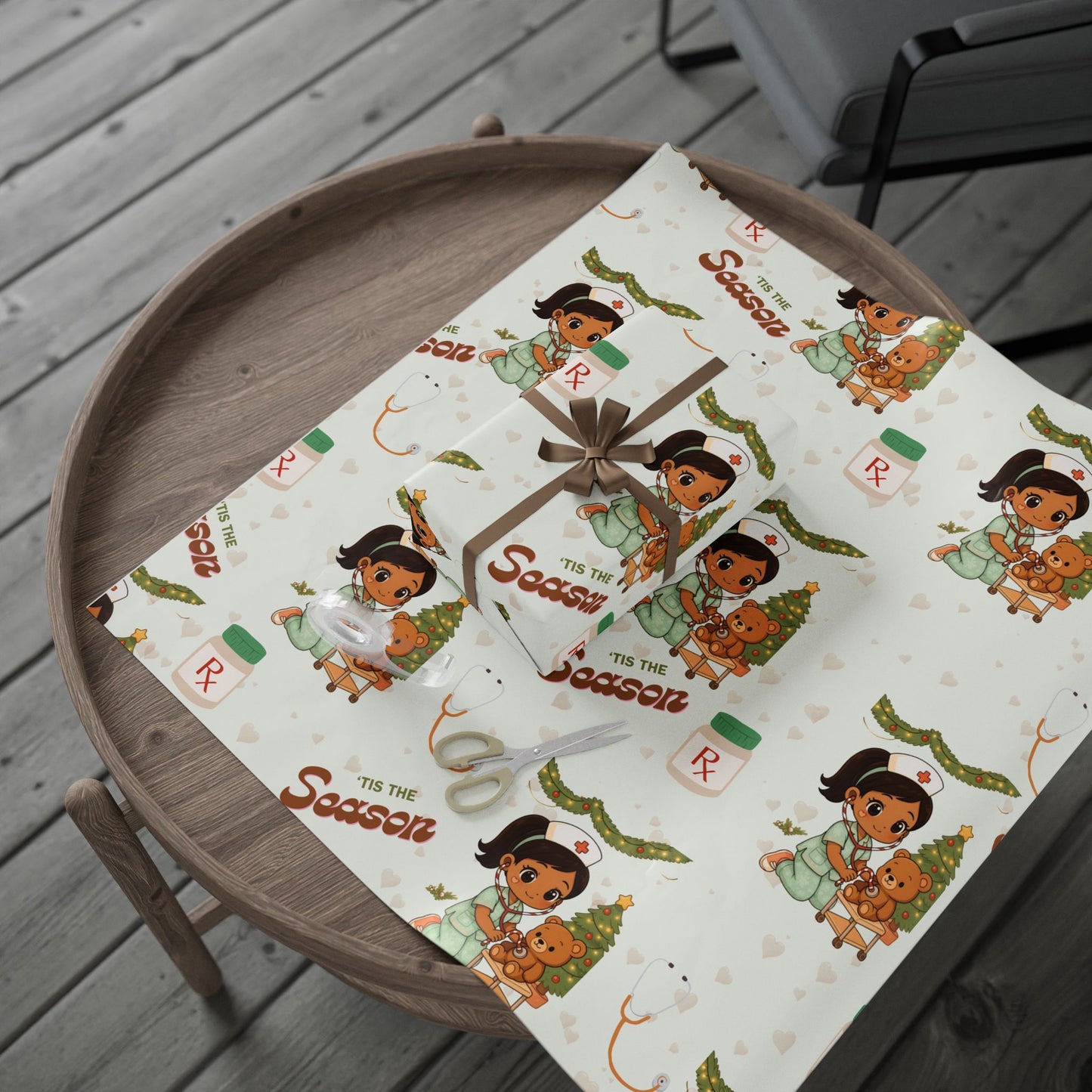 Girl Bear Nurse Kawaii Style Wrapping Paper | Medical Christmas Holiday Paper