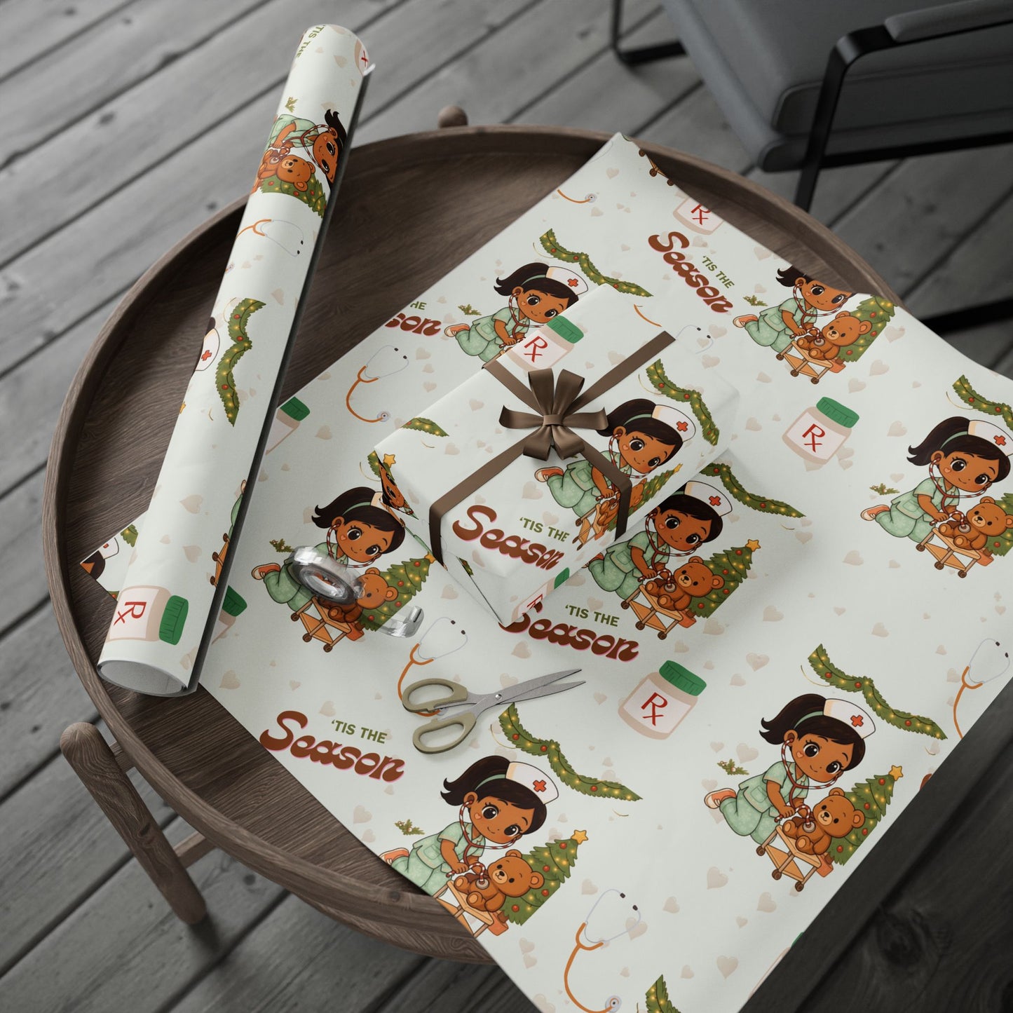 Girl Bear Nurse Kawaii Style Wrapping Paper | Medical Christmas Holiday Paper