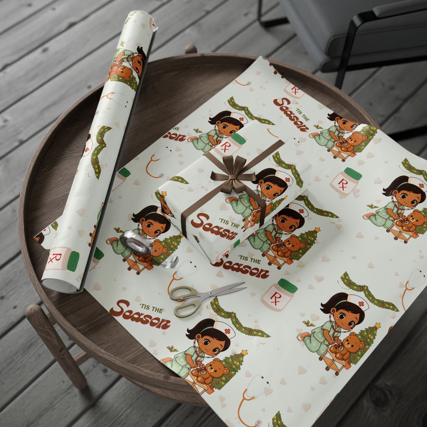 Girl Bear Nurse Kawaii Style Wrapping Paper | Medical Christmas Holiday Paper