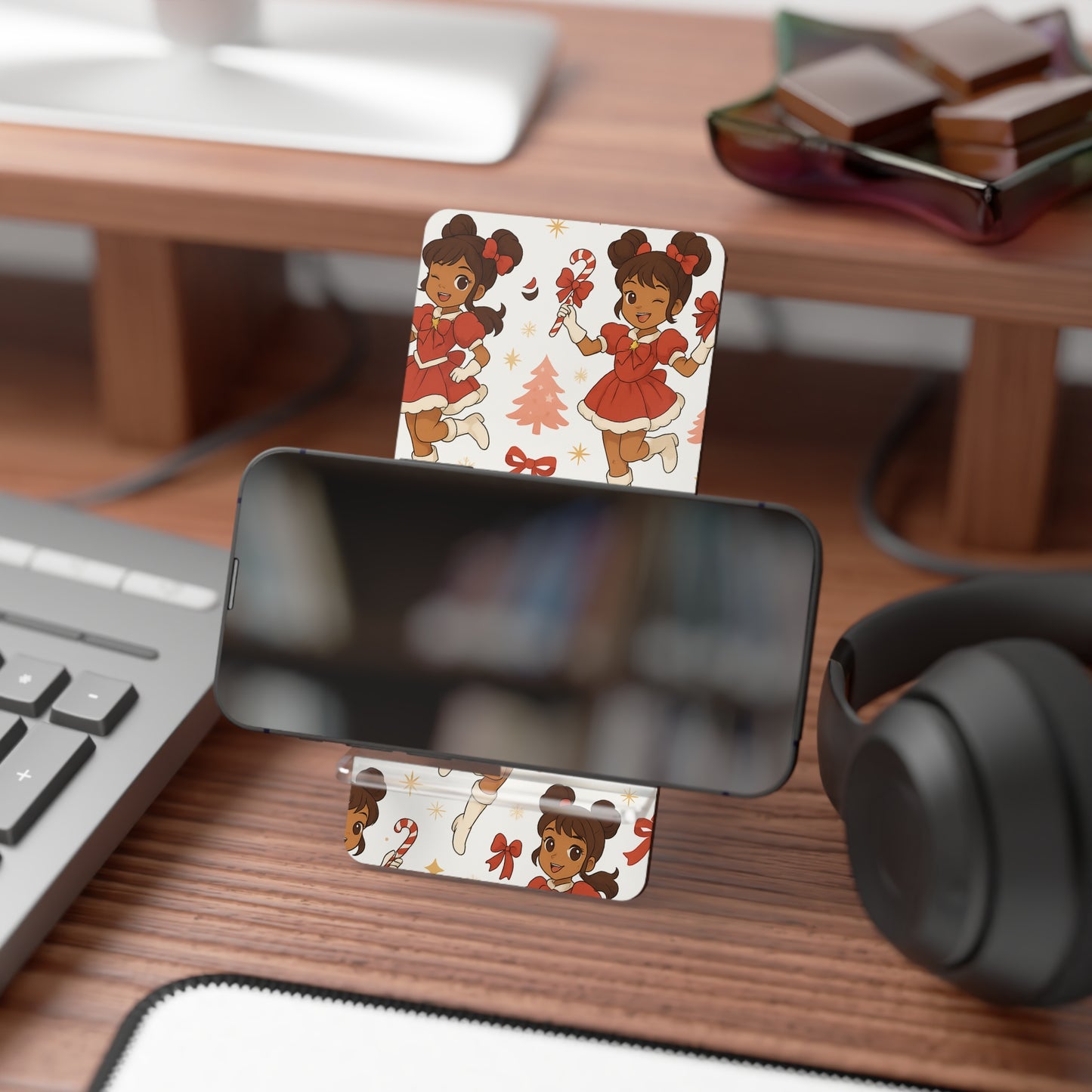 Melanin Moon Christmas Smartphone Stand, Cute Holiday Display Holder, Festive Phone Stand, Desk Decor, Gift for Tech Lovers