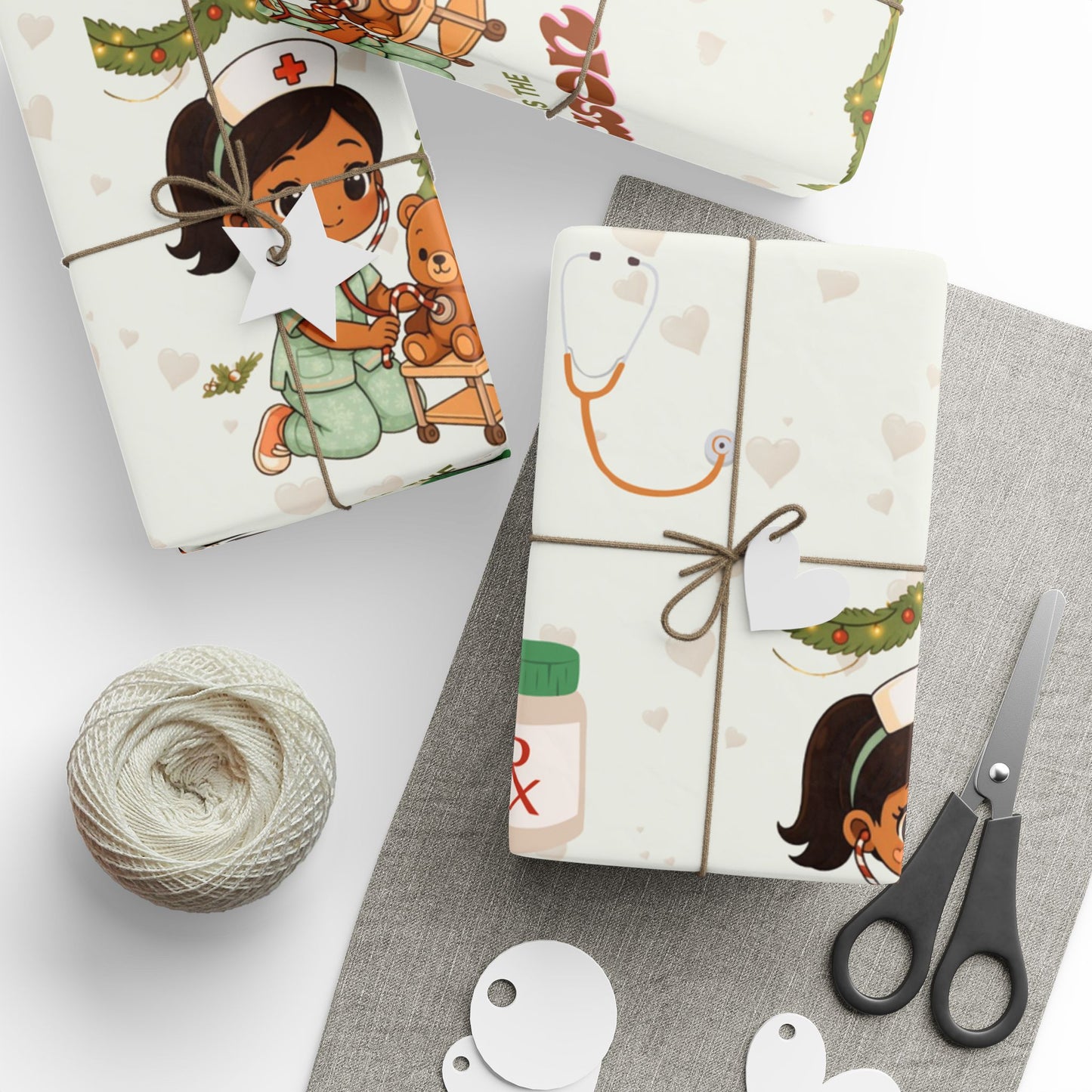 Girl Bear Nurse Kawaii Style Wrapping Paper | Medical Christmas Holiday Paper