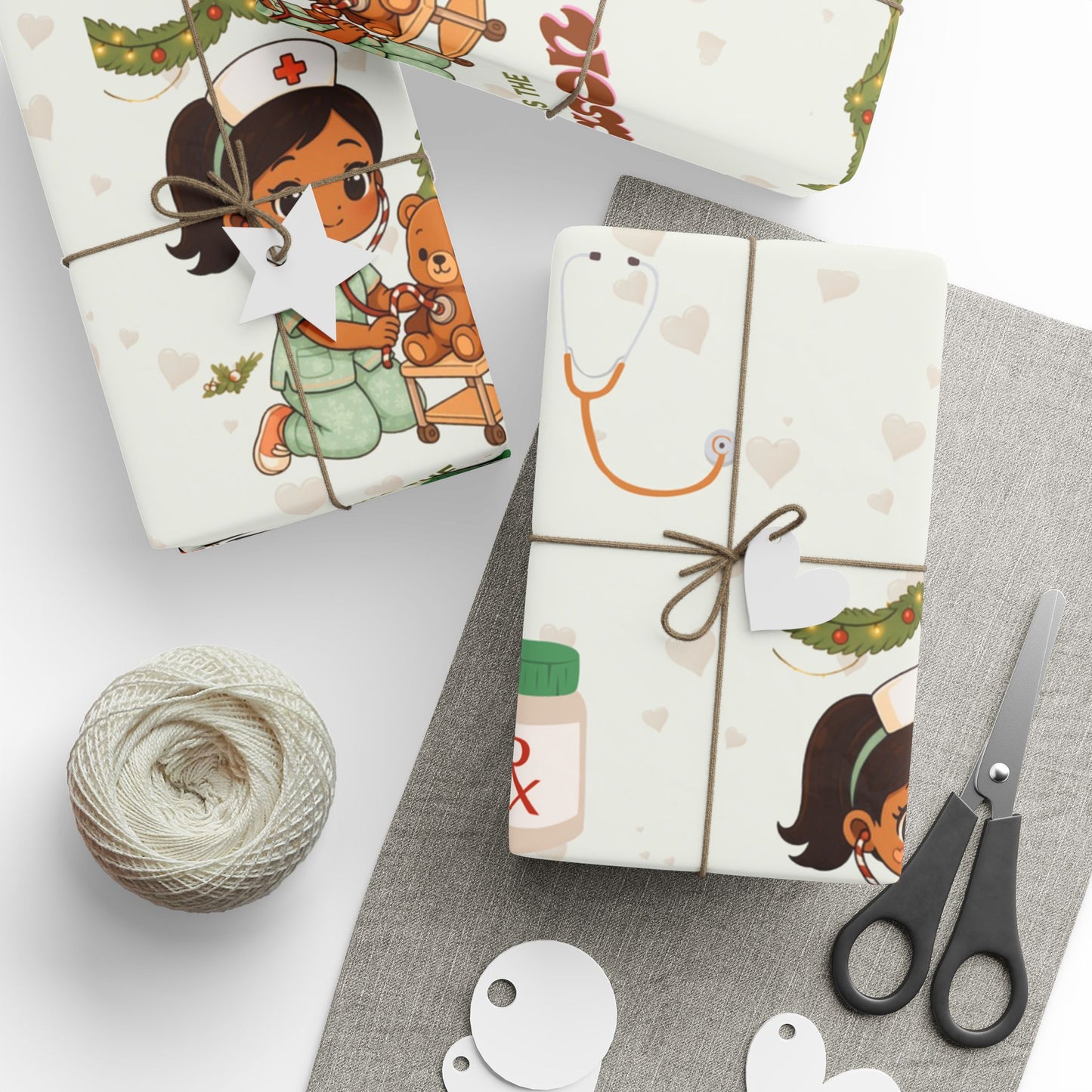Girl Bear Nurse Kawaii Style Wrapping Paper | Medical Christmas Holiday Paper